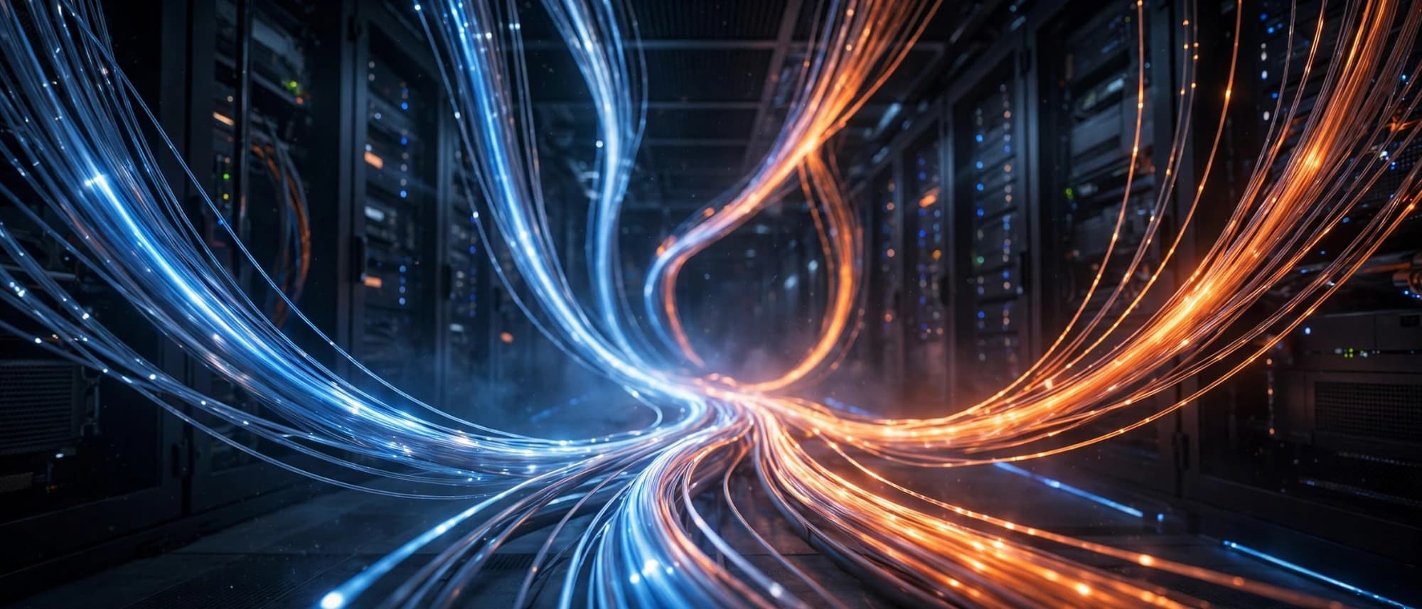Bundles of glowing blue and orange fiber optic strands running between server racks in a data center
