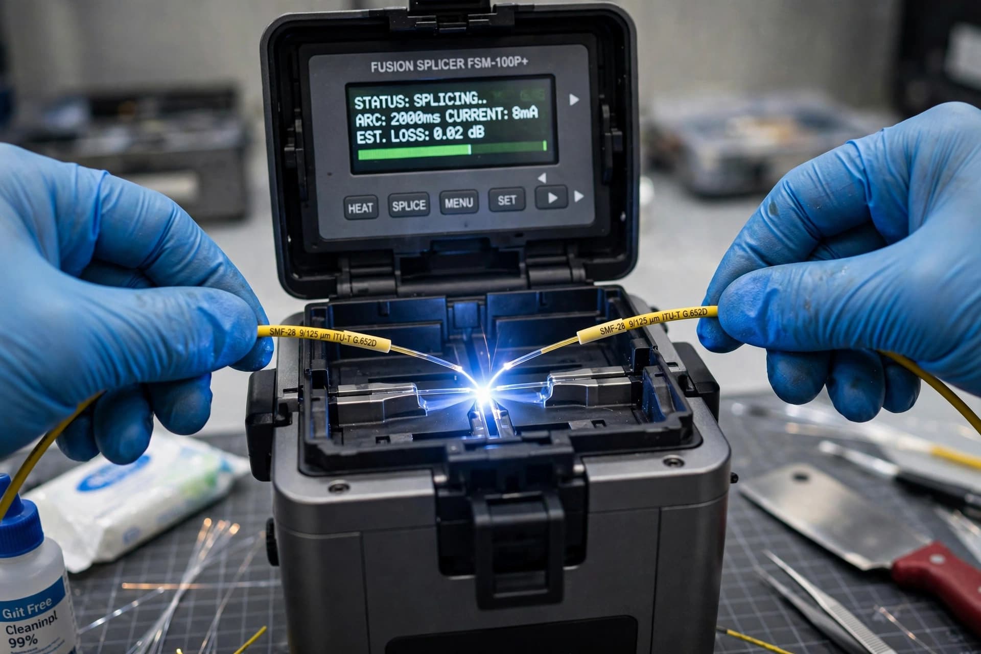 Technician in blue gloves feeding two yellow single-mode fibers into a fusion splicer as the arc joins them