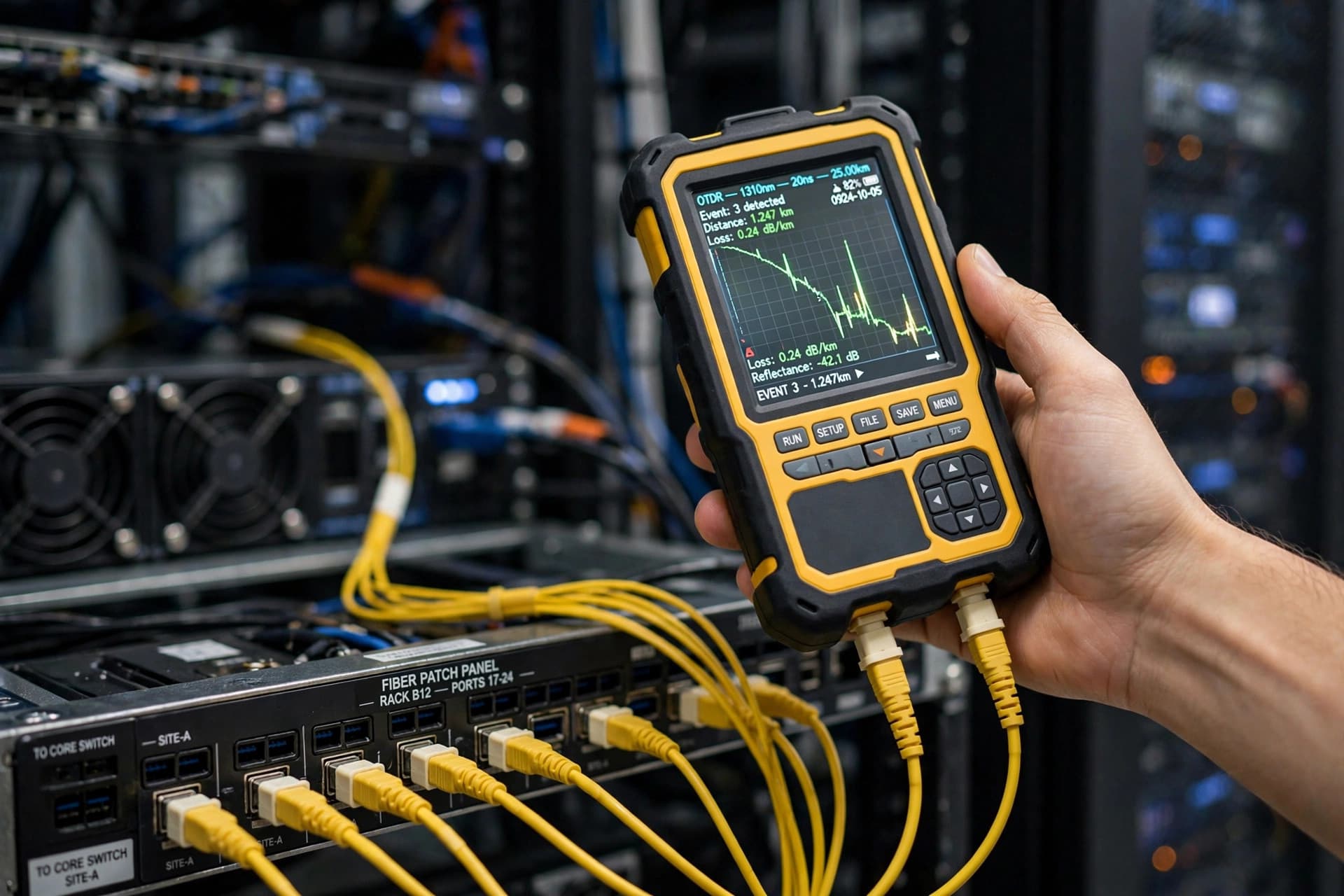 Handheld OTDR showing a fiber trace, connected by yellow patch cords to a rack-mounted fiber patch panel